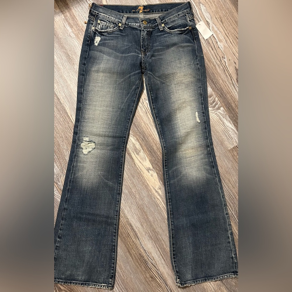 Vintage Y2K 2000s Seven For All Mankind Low Rise Flare Jeans Sz 30 Havana Wash